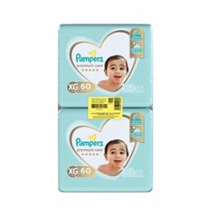 PACK FRALDA DESCARTÁVEL INFANTIL PAMPERS PREMIUM CARE XG 11 A 15KG PACOTE 2 UNIDADES 60 FRALDAS CADA PACOTE