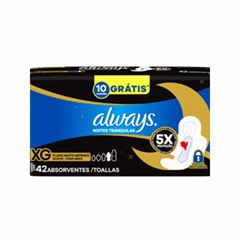 ABSORVENTE COM ABAS SUAVE ALWAYS NOITES TRANQUILAS XG PACOTE 42 UNIDADES GRÁTIS 10 UNIDADES